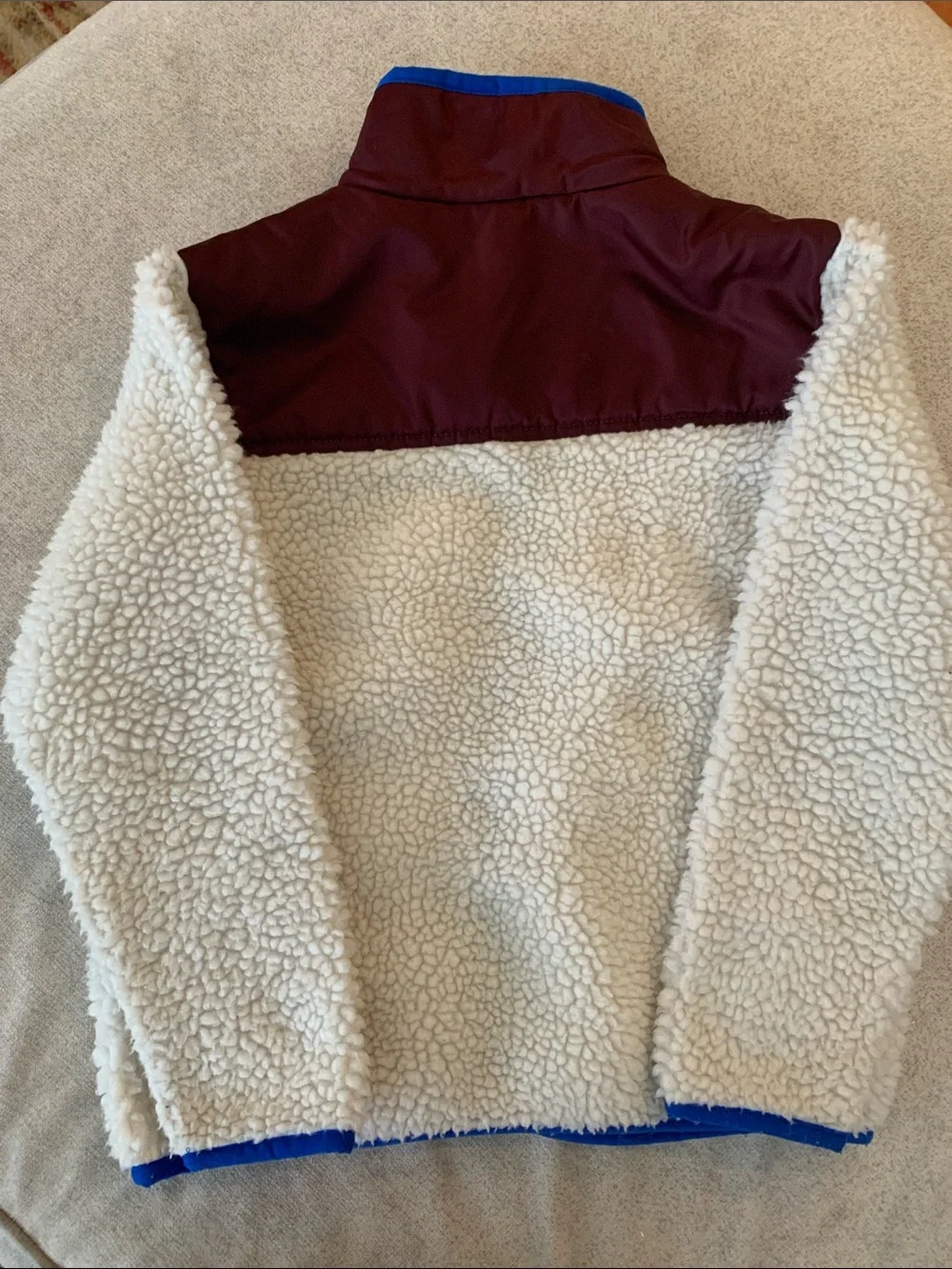 Crewcuts Youth Cream Sherpa Jacket with Burgundy Yoke and Blue Trim